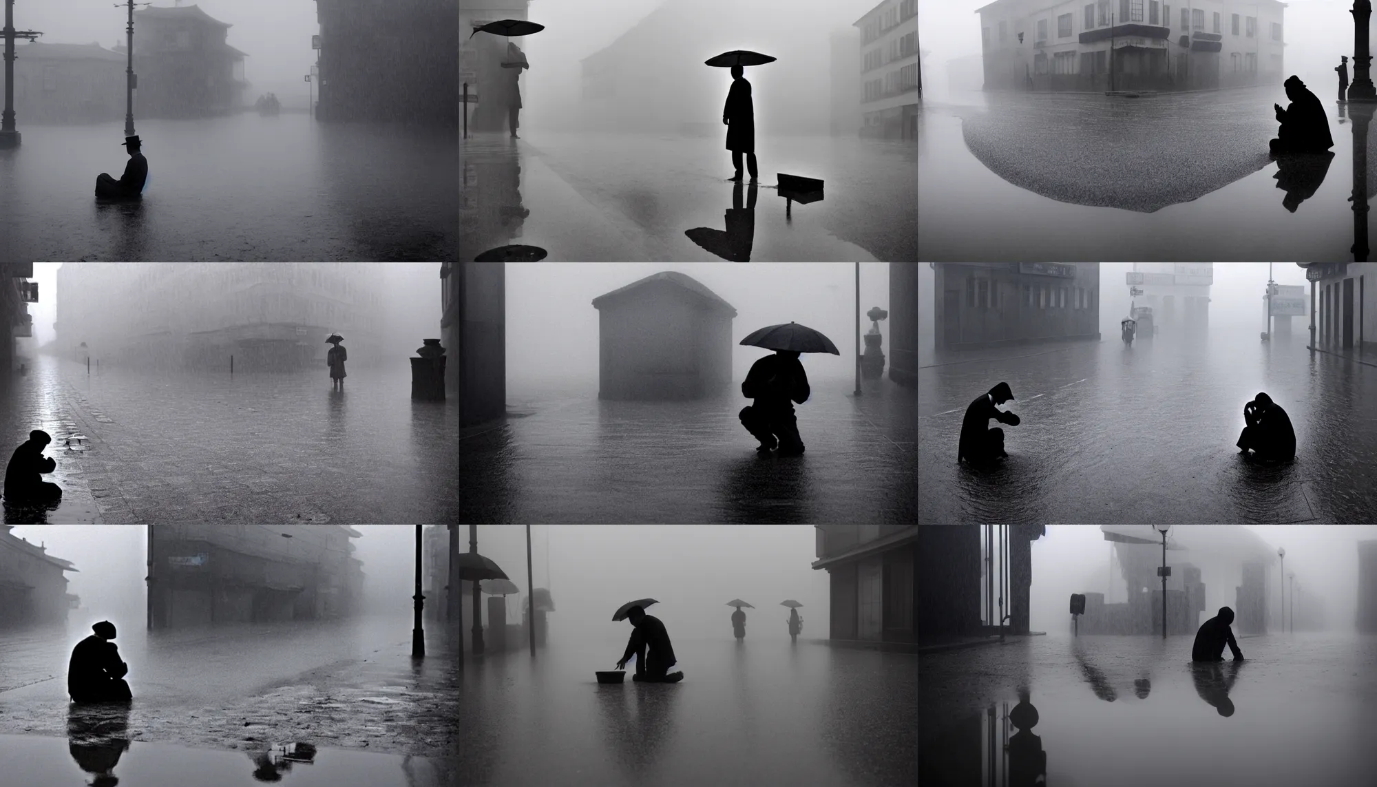 Prompt: there is a man on his knees in a puddle lamenting his miserable life while it rains dramatically, misty morning, fan ho photography