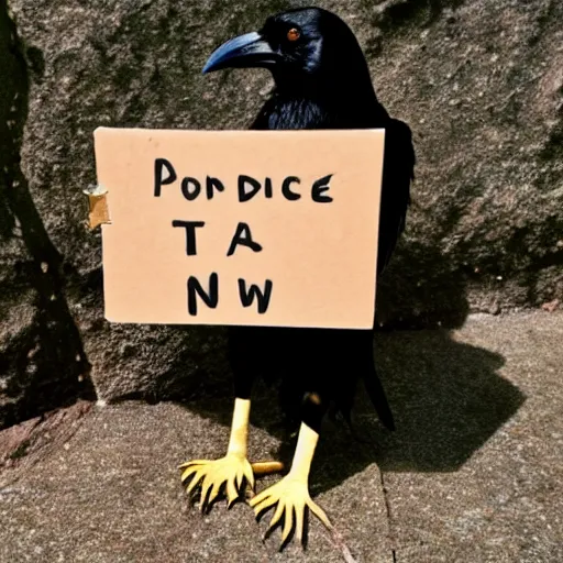 Image similar to a photo of a crow begging for peanuts with a handwritten cardboard sign.