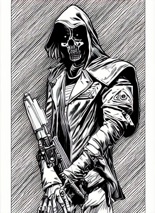 Image similar to grim reaper portrait, cyberpunk 2 0 2 0 manual, by steampoweredmikej, inktober, ink drawing, black and white, coloring pages, manga, highly detailed