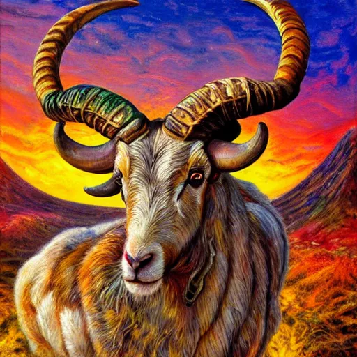 Prompt: horned ram goddess, checking her cell phone, painting by josephine wall, erupting volcano in distance, sunset, flowers in foreground, zodiac, fantasy acrylic on canvas, intricately detailed, highly detailed, high resolution, hdr, 8 k, by senior concept artist, trending on artstation