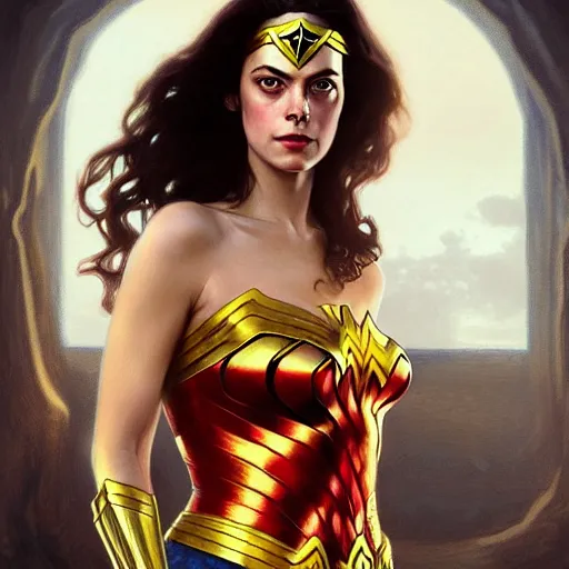 Image similar to Beautiful Kaya Scodelario as Wonder Woman, western, D&D, fantasy, intricate, elegant, highly detailed, digital painting, artstation, concept art, matte, sharp focus, illustration, art by Artgerm and Greg Rutkowski and Alphonse Mucha