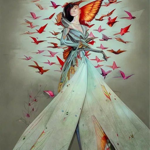 Prompt: full length view of a beautiful girl wearing an origami dress, hummingbirds, elegant, by esao andrews, by eiko ishioka, givenchy, by peter mohrbacher, centered, enchanting, floral ornamentic on cloth and hair, detailed beautiful face, high depth of field, origami, detailed fashion illustration, vogue, japanese, reallusion character creator