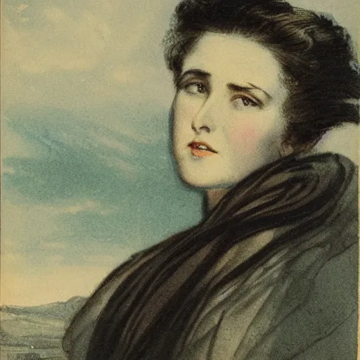 Prompt: A young woman using glassed looking to the sky portrait, very detailed, , 1900 illustration artwork