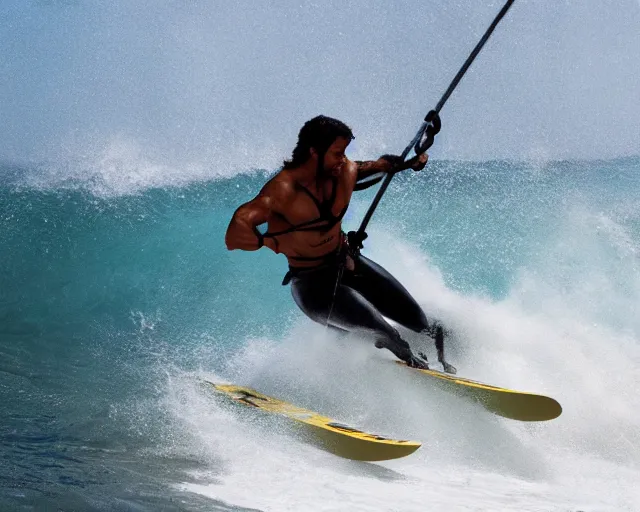 Image similar to single spartan paddling surfi ski through waves, epic award winning action cinematic still from the movie 3 0 0, 8 k, global illumination, detailed face, muscles, rim highlights, hyper realistic, stunning waves, happy vibes