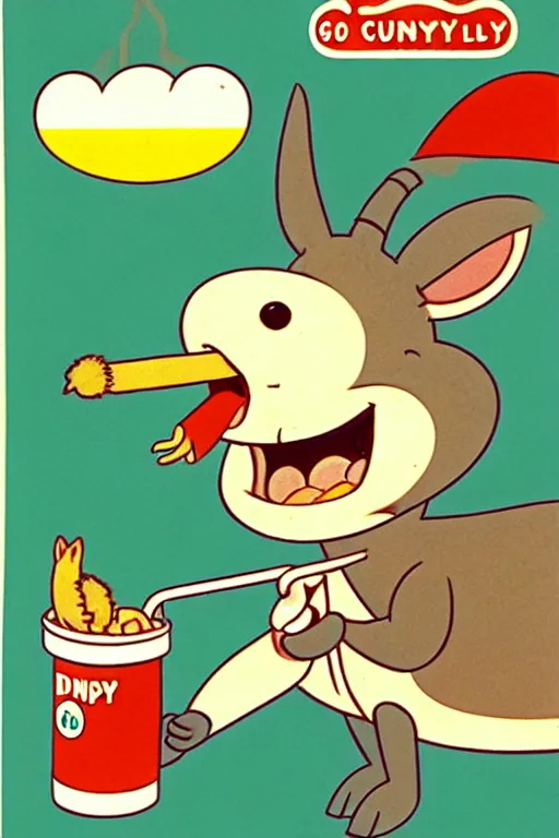 Prompt: by richard scarry. happy donkey eating a leg. a 1 9 5 0 s retro illustration. studio ghibli. muted colors, detailed