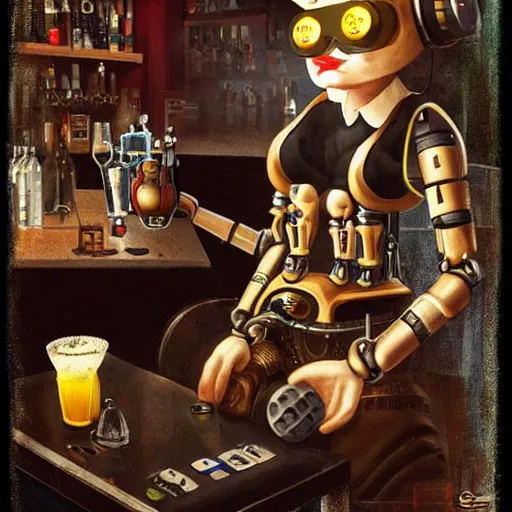 Image similar to a steampunk robot is at the sports bar and orders a drink from a cyber punk (TY beanie baby puppy), cgsociety, old master.