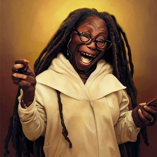 Image similar to portrait of whoopi goldberg opening his mouth to eat pizza, highly detailed, digital painting, artstation, concept art, sharp focus, illustration, art by artgerm and greg rutkowski and alphonse mucha