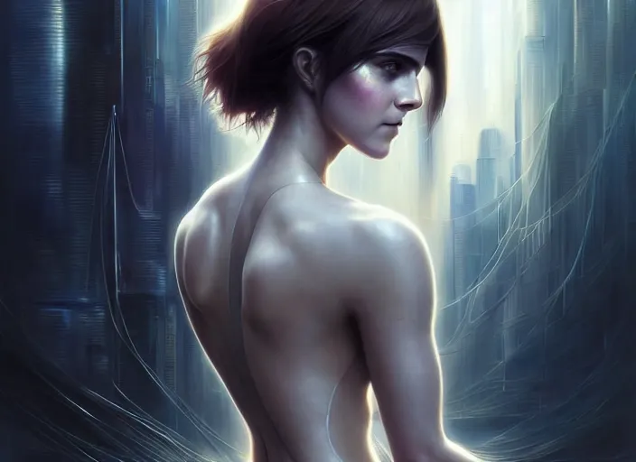 Image similar to body shot of emma watson in ghost in the shell, intricate, elegant, highly detailed, centered, digital painting, artstation, concept art, smooth, sharp focus, illustration, artgerm, tomasz alen kopera, peter mohrbacher, donato giancola, joseph christian leyendecker, wlop, boris vallejo