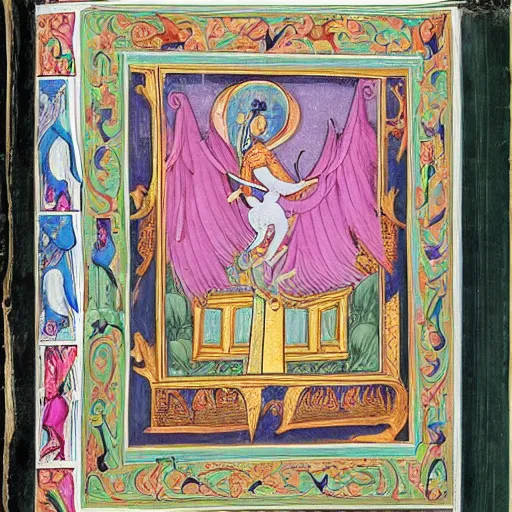 Prompt: richly illuminated manuscript page of the Gospel of the Invisible Pink Unicorn,