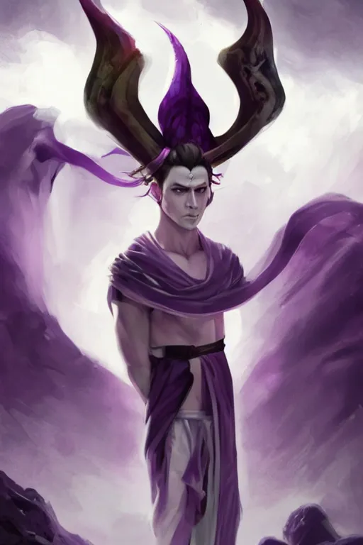 Image similar to white horns djinn man , black hair , portrait, concept art, purple and white thich cloak, illustration, costume design, editorial photo, fashion, hyperrealism, realism, trending on artstation, Charlie Bowater, WLOP