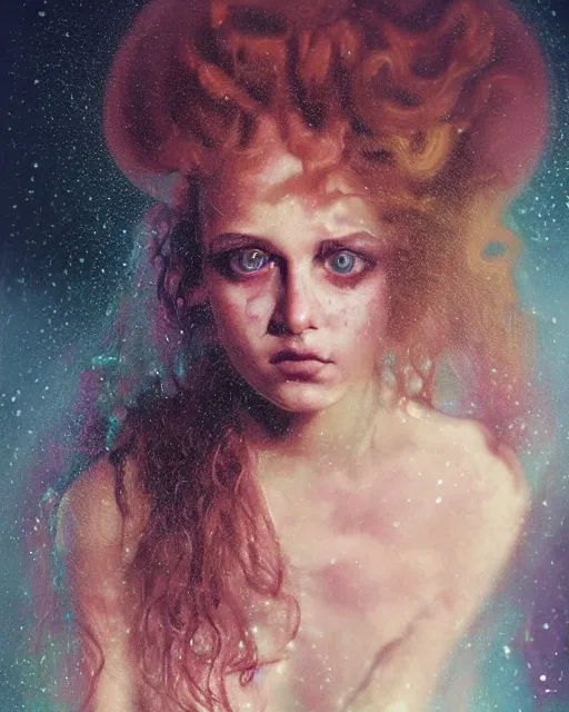 Image similar to a beautiful and eerie baroque painting of a gorgeous young woman in dead space, with wild curly hair and haunted eyes and freckles, 1 9 7 0 s, seventies, space station, neon light showing injuries, delicate ex embellishments, painterly, offset printing technique