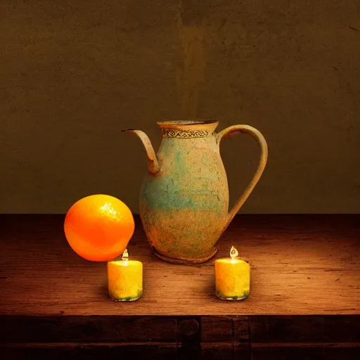 Image similar to still art, antique jug with palms inside on wooden antique table, old candle, much vegetables, lemon, orange, pepper, cinematic light, contrast shadows, dark light, detailed, digital art, concept art, trending on artstation, highly detailed, intricate, sharp focus, digital art, 8 k