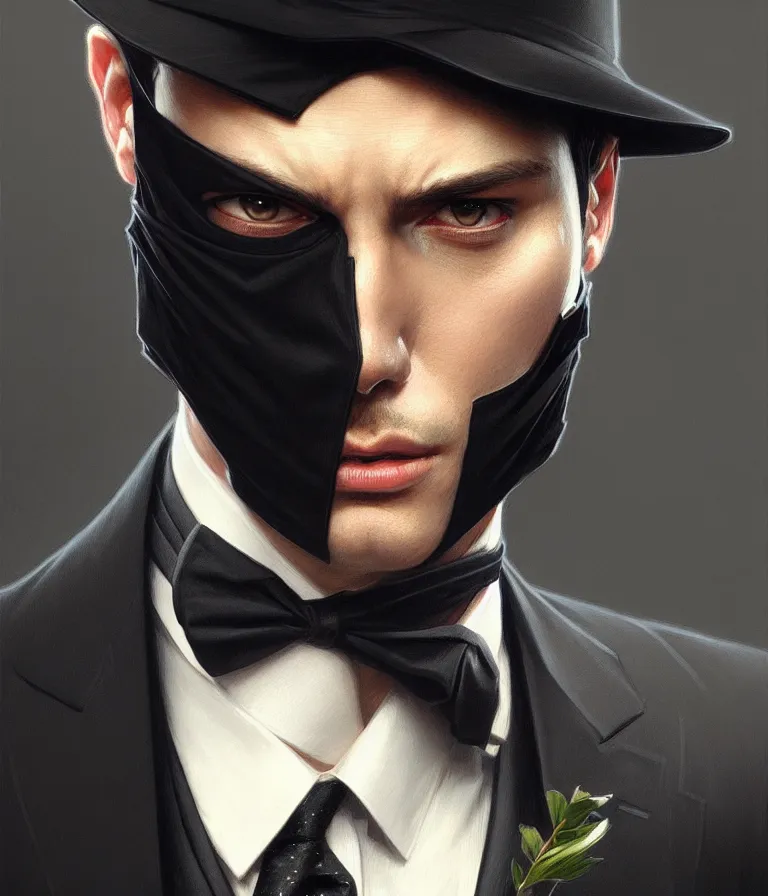 Prompt: ultra realistic illustration, a male with black mask, suit and tie, intricate, elegant, highly detailed, digital painting, artstation, concept art, smooth, sharp focus, illustration, art by artgerm and greg rutkowski and alphonse mucha