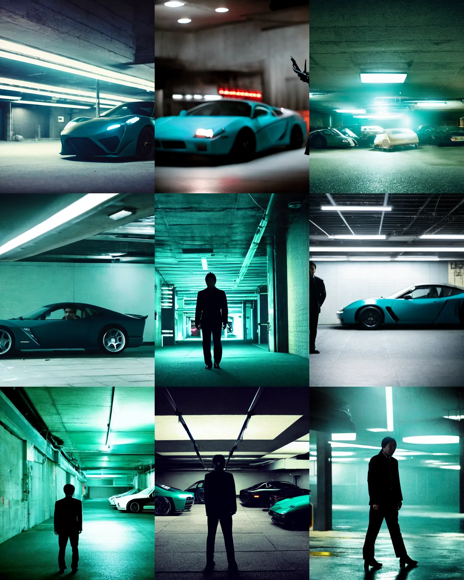 Prompt: denis villeneuve movie still of a silhouetted yakuza in an underground parking lot, many exotic cars, rack focus, close establishing shot, monochromatic teal, dark teal lighting, soft dramatic lighting, 4 k digital camera