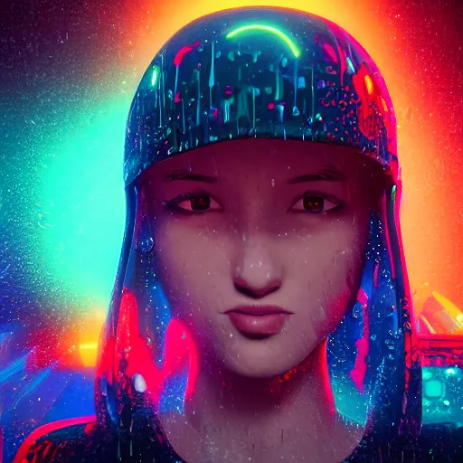 Image similar to splashes of neon, cartoon portrait made out of rain, trending on artstation, epic composition, emotional, beautiful, rendered in octane, unreal engine, highly detailed, realistic, galaxy background