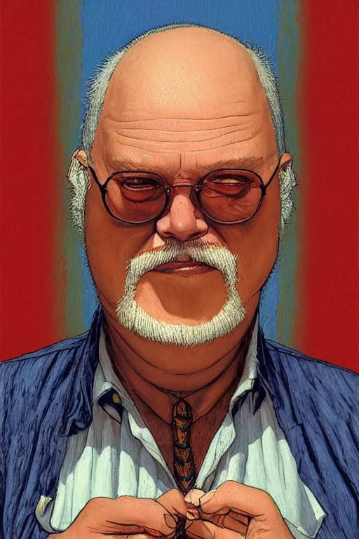 Image similar to an awesome jean giraud portrait of robert anton wilson smirking mischieviously