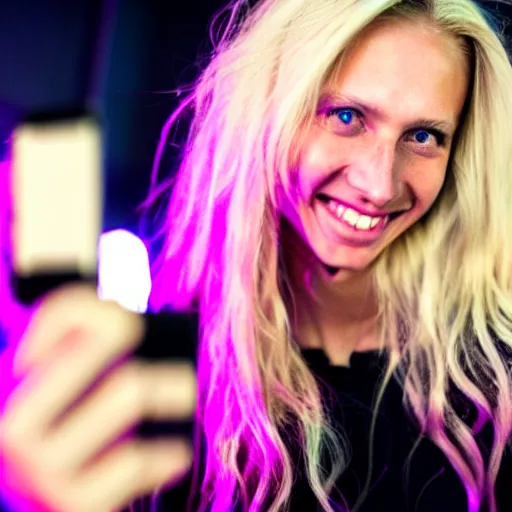 Prompt: skinny blond reporter with long deadlocks takes a smiling selfie in front a rave, winking at the camera, high detail, full focus, time magazine 2 0 2 2