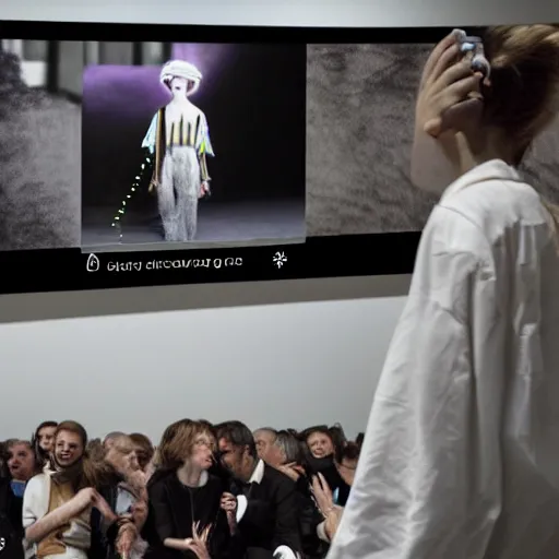 Prompt: art curator looking at a screen with a chat interface, recursive, on stage in the middle of a fashion show in the style of grand chamaco and stanley kubrick, inspired by y - 3, photorealistic, epic, super technical, cinematic still