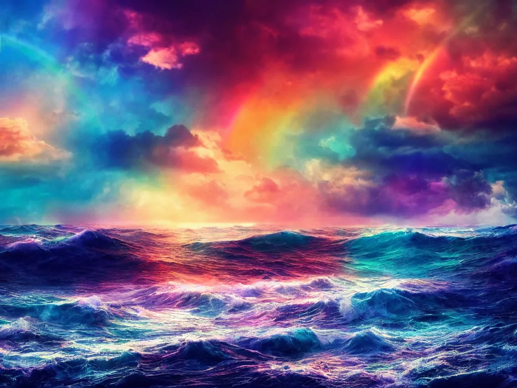 Prompt: Stunning dreamy rainbow colored stormy waves on a beach full of crystals, avatar, sunny rainbow galaxy stormy sea, cinematic, sunset, hyper-realistic, high resolution, concept art, artstation