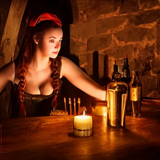 Image similar to young attractive beautiful bar maid in a medieval tavern at night with candles, wow 4 k detail fantasy, matte painting, realistic materials, photo realistic, postprocessing, cinematic, hyperrealistic, studio lighting, photography by richard jenkins