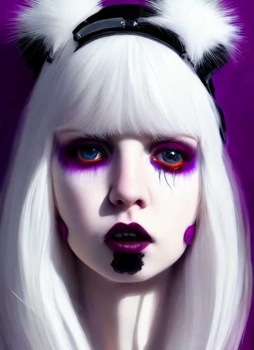 Prompt: portrait of white teenage girl, normal face, white bangs, mall goth, cyberlox, black and white hair, bangs, fluffy bangs, red contact lenses, purple lipstick, intricate, elegant, highly detailed, digital painting, artstation, concept art, sharp focus, smooth, illustration, art by wlop, mars ravelo and greg rutkowski