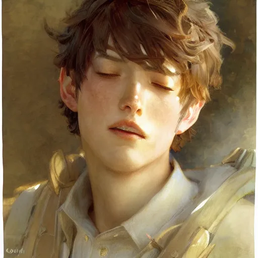 Prompt: detailed portrait of cute anime boy howard, closed eyes, natural light, painting by gaston bussiere, craig mullins, j. c. leyendecker