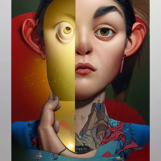 Image similar to lofi monkey in front of a mirror reflecting the expression of a human face, Pixar style by Tristan Eaton Stanley Artgerm and Tom Bagshaw, high detail