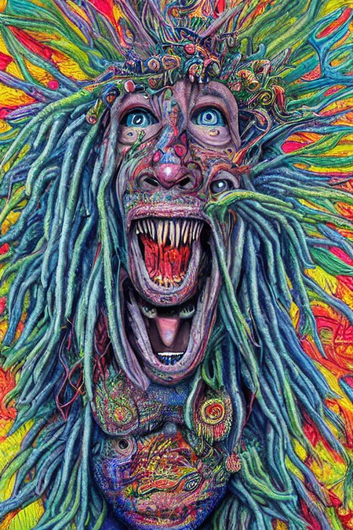 Image similar to a high detailed hyper detailed painting of a spiritual monster with dreadlocks and several eyes, pointy teeth and colorful skin with scales and strange textures, surreal psychedelic cosmic horror