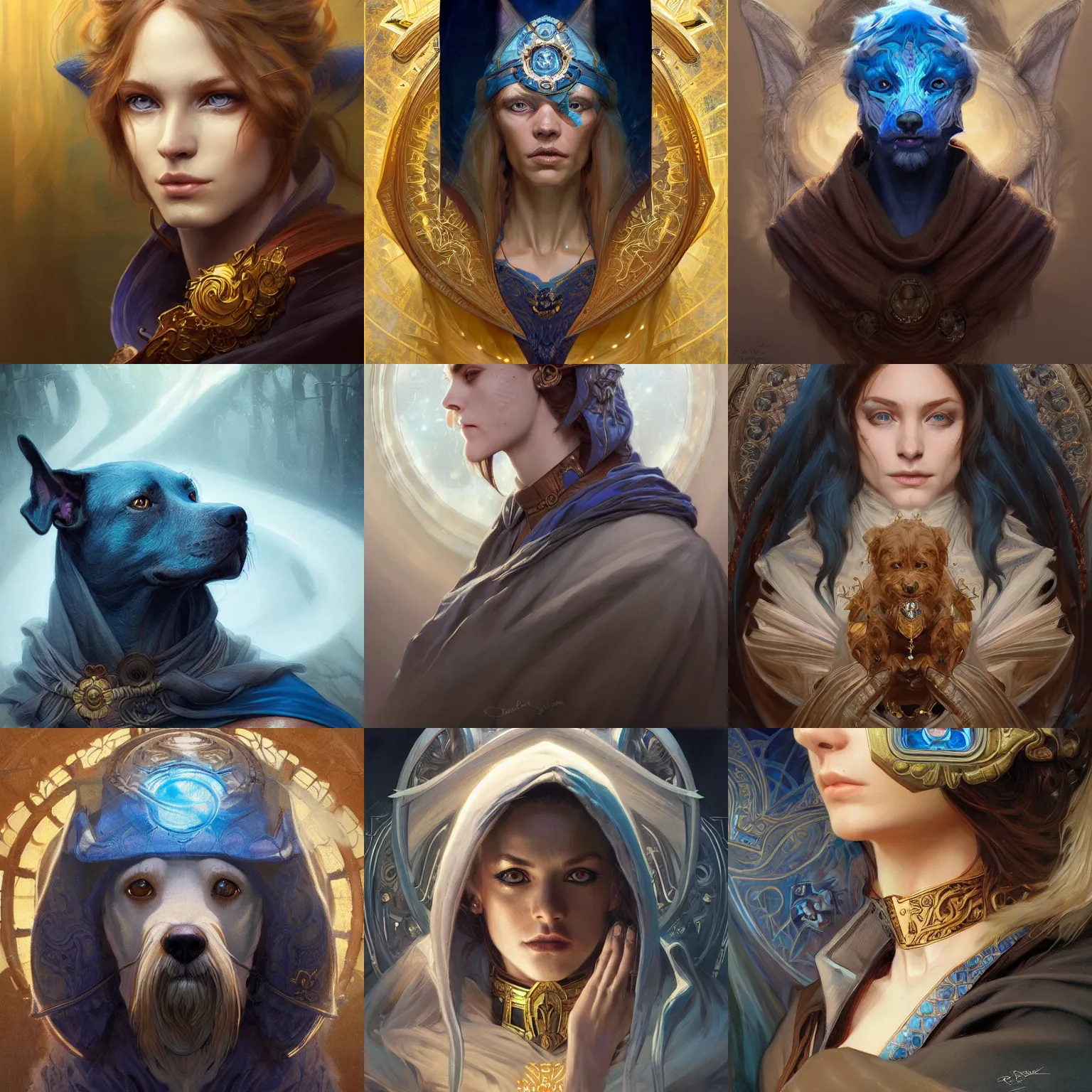 Image similar to Portrait of dog sorcerer, D&D, blue eyes, face, fantasy, intricate, elegant, highly detailed, digital painting, artstation, concept art, smooth, sharp focus, illustration, art by artgerm and greg rutkowski and alphonse mucha