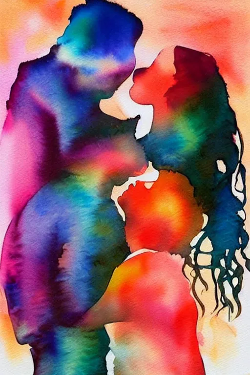 Image similar to couple kissing, romantic watercolor art, abstract, melting into each other, light orange, light pink,