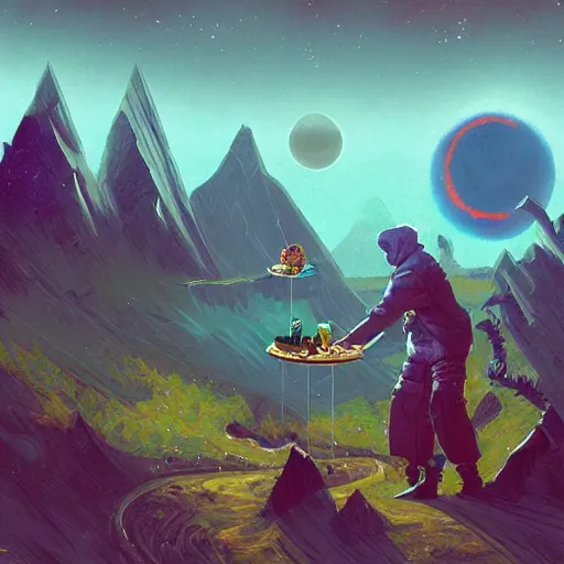 Image similar to interloper consuming food in no man's sky colorful, fantasy, intricate, highly detailed, digital painting, hq, trending on artstation, illustration, style of stanley artgerm and greg rutkowski and dan mumford