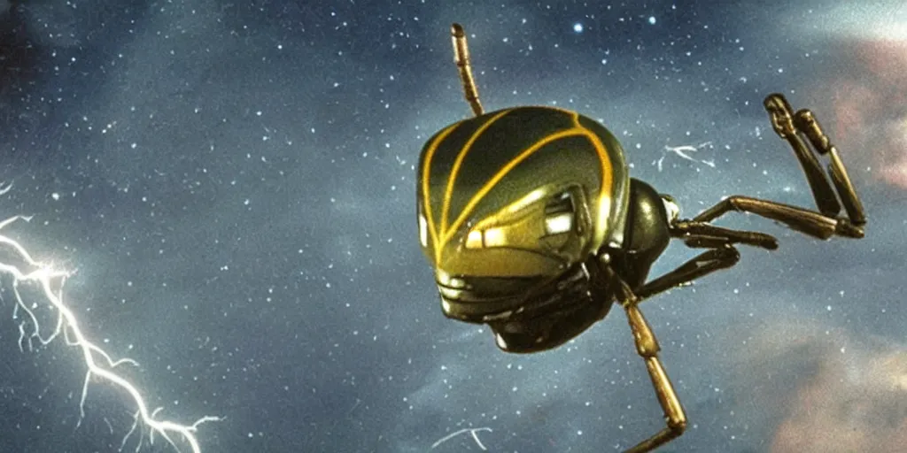 Image similar to lightning bug descendant 1 million in the future is a quadruped with big eyes. the bug wears a spacesuit, and explores the cosmos in a bug - shaped spaceship. science fiction blockbuster movie bugs save the planet or the bug from saturn, starship troopers ( 1 9 9 7 ), rogue one