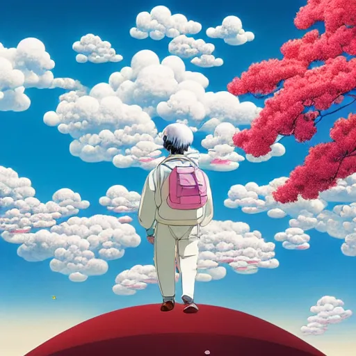 Image similar to a man walking on clouds above kyoto by takashi murakami, beeple and james jean, aya takano color style, 4 k, super detailed