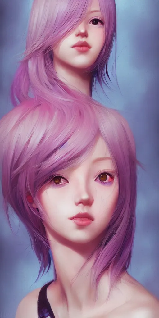 Prompt: one beautiful girl with pink and blue dyed hair, realistic female portrait, highly detailed, by ilya kuvshinov andmakoto shinkai, photorealistic