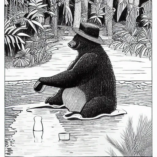 Image similar to a bear wearing a black hat, sitting in a pond in a lush jungle playing a guitar, drawing by moebius