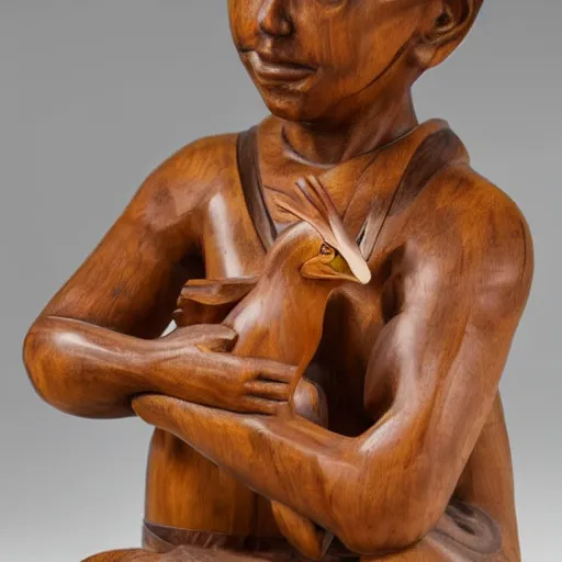 Prompt: wooden sculpture of a mixed race man holding a rooster, polished maple, thoughtful, elegant, real