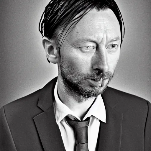 Image similar to a black and white photo of thom yorke in a suit by John E. Berninger, featured on pexels, les nabis, studio portrait, chiaroscuro, ultrafine detail