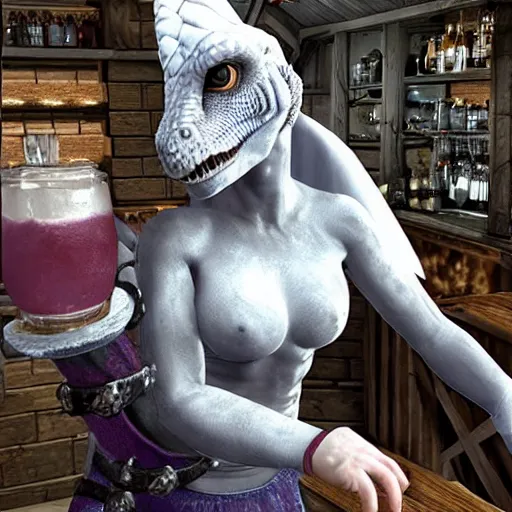 Image similar to Hyper realistic. MODESTLY CLOTHED White dragonborn barmaid in a tavern. Dragonborn. Dragonborn