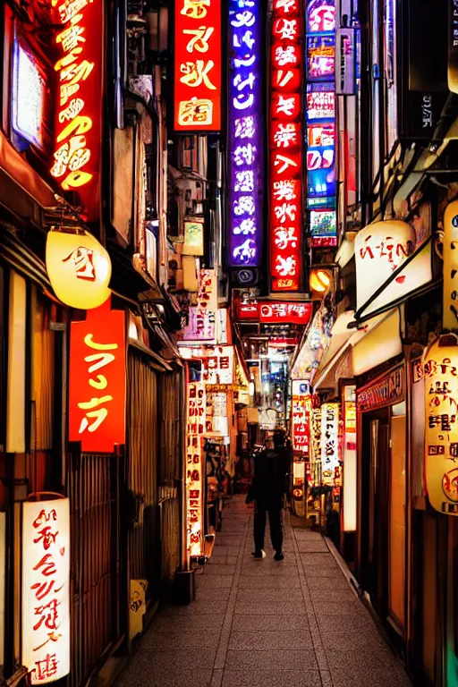 Image similar to a bussy back alley street in Tokyo, with small shops and restaurants. Evening time. Neon lights. Slow shutter. 8k. Canon eos.