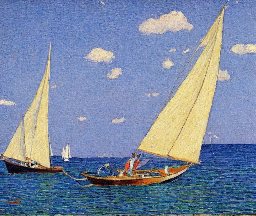 Prompt: van Rysselberghe painting of a single mast sailboat