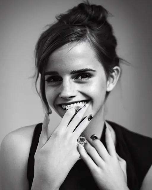 Image similar to A photo of laugh emma watson. she has wedding ring on his fingers. 50 mm. perfect ring. award winning photography