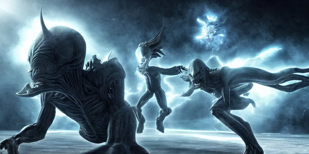 Prompt: Ridley Scott Alien chasing a photorealistic Goku in the corridors of a spaceship