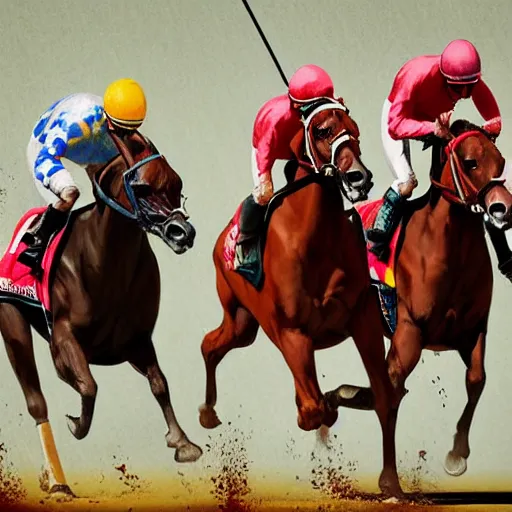 Image similar to kentucky derby horse race with a close finish at the finish line + dramatic, motion, racing, photorealistic horses, photorealistic jockeys, photorealistic : : 1 + style of john collier and leroy neiman + octane render, trending on artstation, artgerm, behance