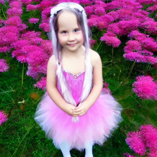 Image similar to a young girl dressed up as fairy in front of some pink flowers