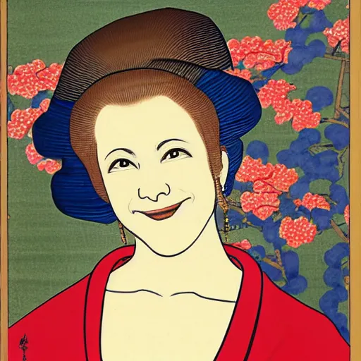 Image similar to very detailed and colorful portrait of bernadette peters smiling, painted in the ukiyo - e style