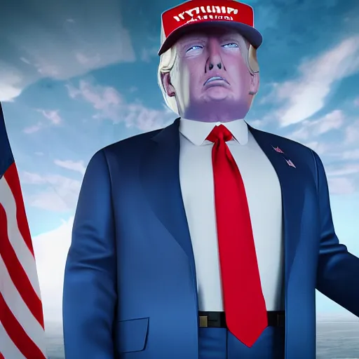 Image similar to Donald Trump with astronaut body, realistic artstyle, wide shot, dramatic lighting, octane render, hyperrealistic, high quality, highly detailed, HD, beautiful, cinematic, 8k, unreal engine, facial accuracy, symmetrical