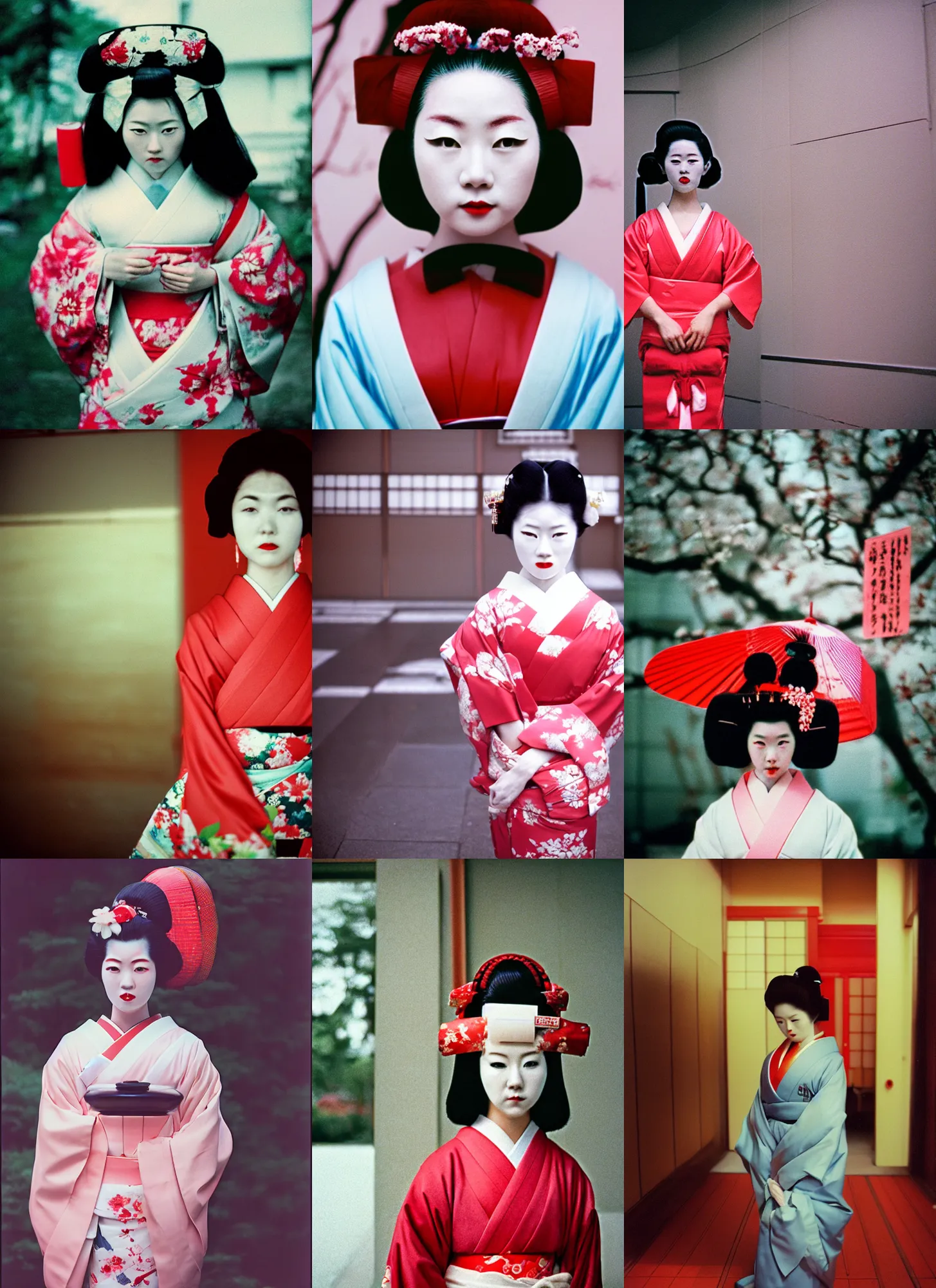 Prompt: Portrait Photograph of a Japanese Geisha CineStill Redrum 200