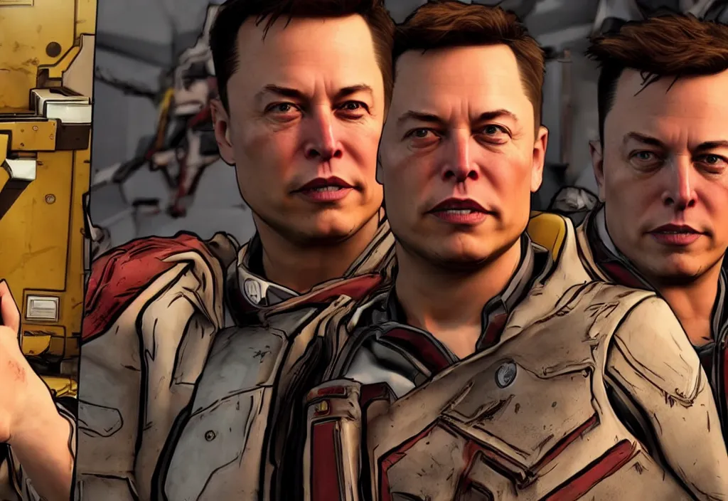 Image similar to elon musk in borderlands elon musk in the video game borderlands, gameplay screenshot, close up, 3 d rendering. unreal engine. amazing likeness. very detailed.