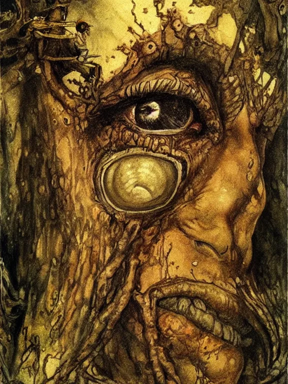 Image similar to one-eyed single-eyed 1-eyed fantasy Polyphemus concept art with one huge eye. Extremely high detail, details, realistic, fantasy art, solo, masterpiece, portrait painting, saturated colors, art by Arthur Rackham, Muzinabu, Johann Tischbein