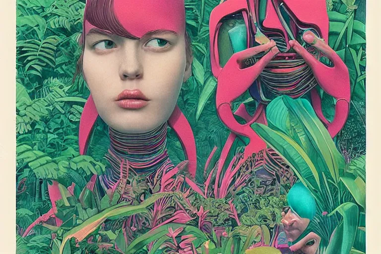 Image similar to gigantic girl faces, tiny robots, a lot of exotic vegetation around, risograph!, colorful flat surreal design, super - detailed, a lot of tiny details, fullshot, by luigi serafini and moebius